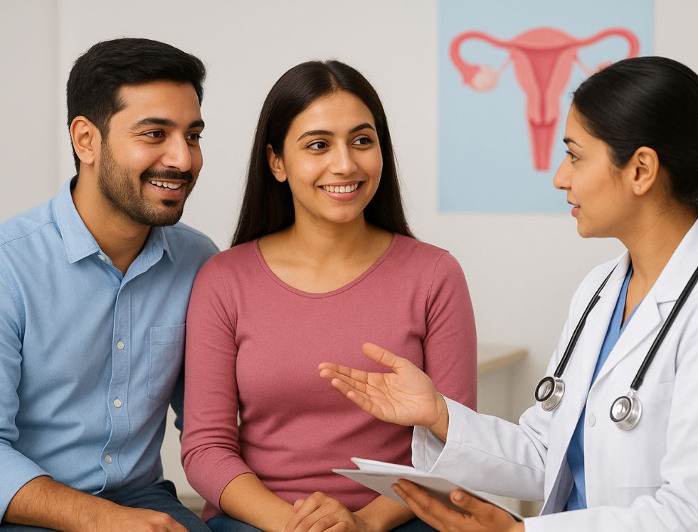 A couple consulting a doctor OR happy parents with a newborn (symbol of success & hope). (Instead of old-age yoga image, use something directly linked to IVF & fertility.